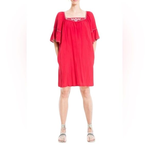 Max Studio Embroidered Rayon Dobby Ruffle Dress Womens Size XS New Red - Picture 2 of 13